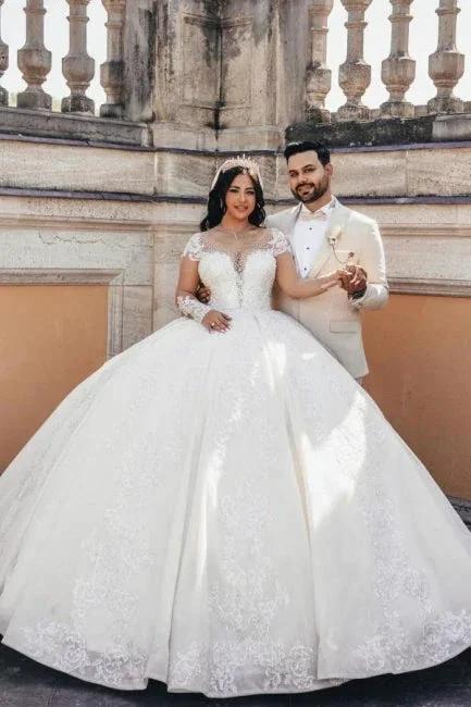 Ball Gown Floor-Length Stain Long Sleeve Appliques Sweetheart Tulle Wedding Dresses with Beadings (ZD15738)