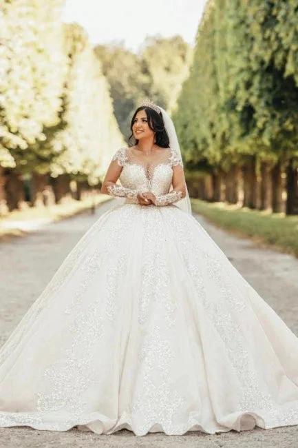 Ball Gown Floor-Length Stain Long Sleeve Appliques Sweetheart Tulle Wedding Dresses with Beadings (ZD15738) - VelvetHem