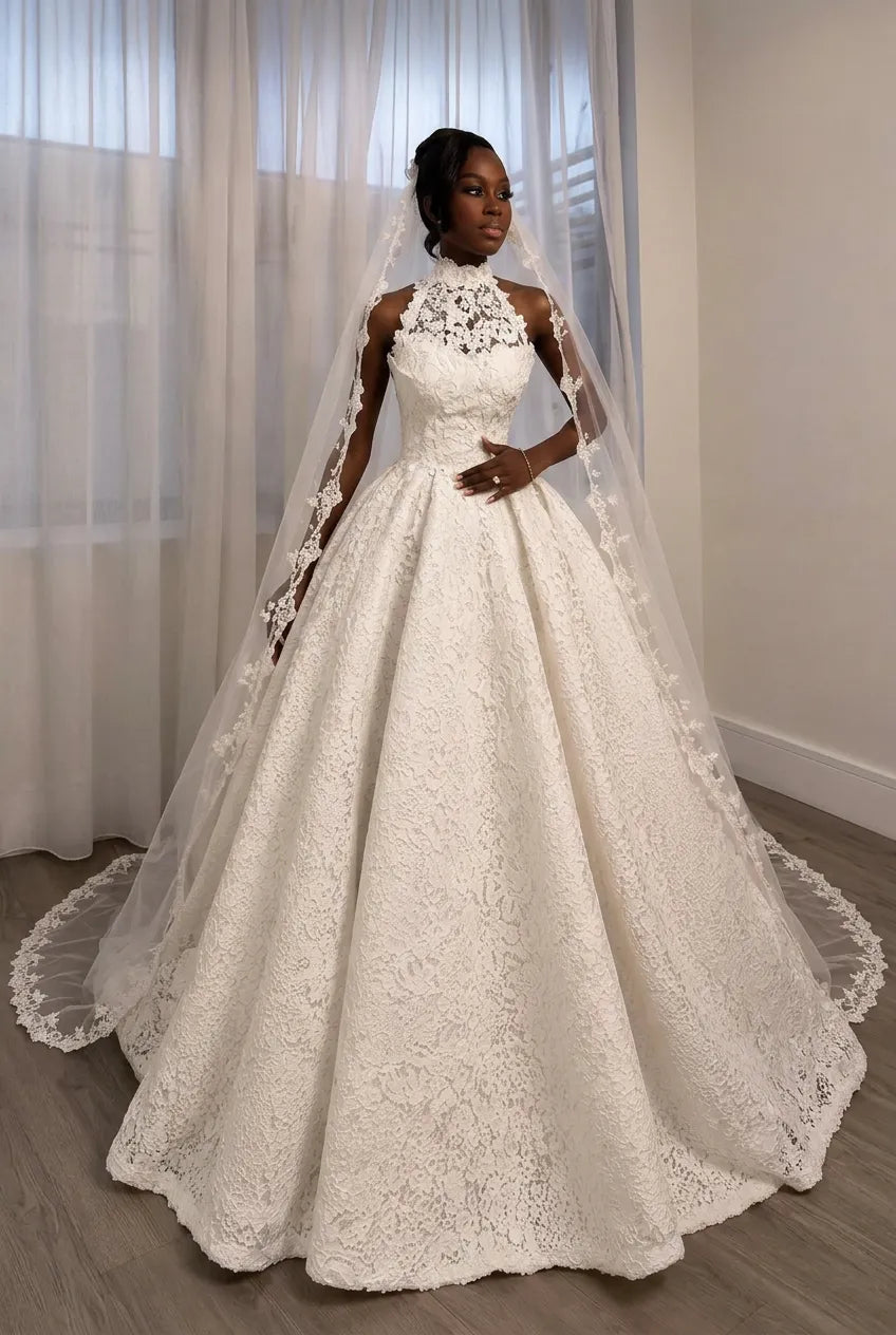 Ball Gown Halter Neck Wedding Dress White Floor Length Lace Appliques Sleeveless Bridal Gown