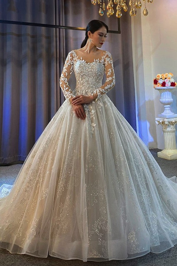 Ball Gown Long Sleeves Tulle Lace Wedding Dress On Sale
