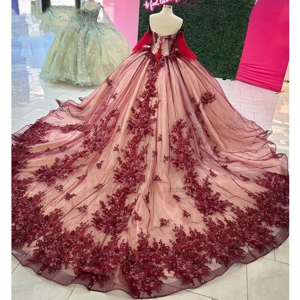 Ball Gown Off Shoulder Long Sleeves Beaded 3D Flower Lace Appliques Burgundy Tulle Princess Birthday Party Gown Quinceanera Dress For Sweet 16