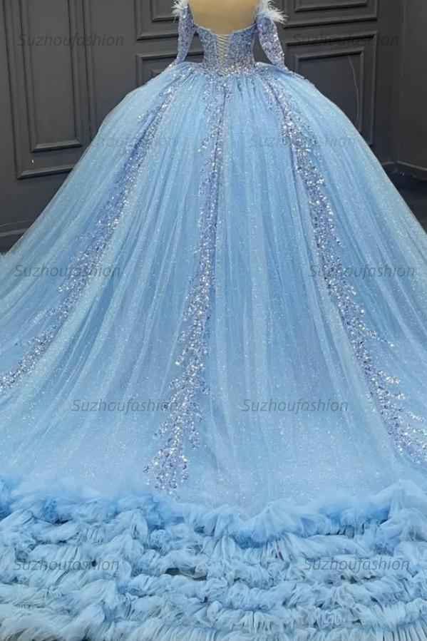 Ball Gown Off Shoulder Long Sleeves Fully Sequins Beaded Feather Ruffles Tiered Lace Up Sparkly Blue Tulle Quinceanera Dress Birthday Party Dress For Sweet 16