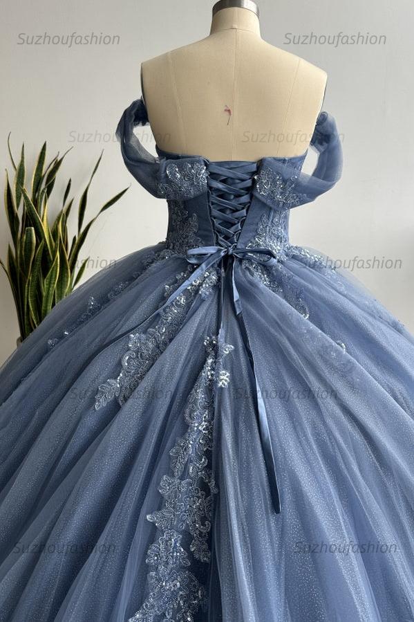 Ball Gown Off Shoulder Pleated Appliques Lace Up Navy Blue Tulle Quinceanera Dress Birthday Party Gown For Sweet 16