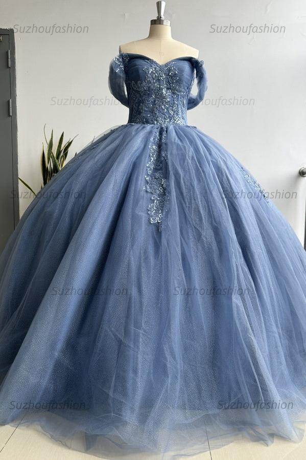 Ball Gown Off Shoulder Pleated Appliques Lace Up Navy Blue Tulle Quinceanera Dress Birthday Party Gown For Sweet 16