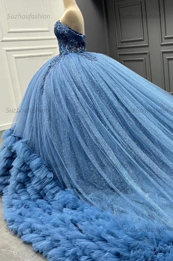 Ball Gown Off Shoulder Sleeveless 3D Flower Appliques Baded Sequins Ruffles Tiered Sparkly Blue Tulle Formal Evening Party Dress Quinceanera Dress For Sweet 16