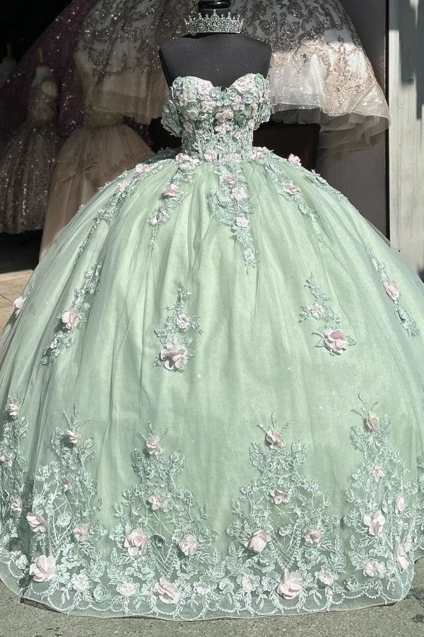 Ball Gown Off Shoulder Sleeveless 3D Flower Appliques Pleated Mint Green Tulle Quinceanera Dress Birthday Party Dress