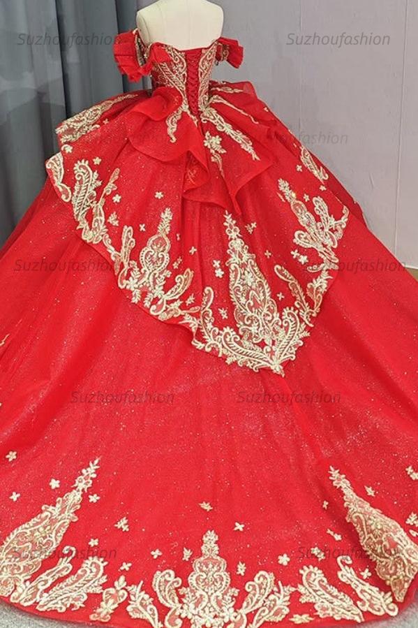 Ball Gown Off Shoulder Sleeveless 3D Flowers Beaded Sequins Gold Appliques Bow Knot Lace Up Sparkly Red Tulle Quinceanera Dress Birthday Party Dress For Sweet 16
