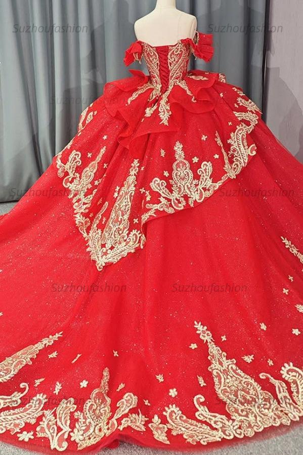 Ball Gown Off Shoulder Sleeveless 3D Flowers Beaded Sequins Gold Appliques Bow Knot Lace Up Sparkly Red Tulle Quinceanera Dress Birthday Party Dress For Sweet 16