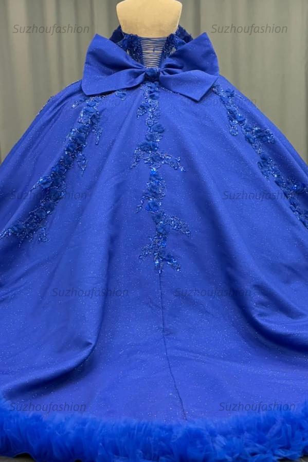 Ball Gown Off Shoulder Sleeveless Beaded 3D Flower Appliques Bow Knot Glitter Royal Blue Satin Quinceanera Dress Evening Party Dress For Sweet 16