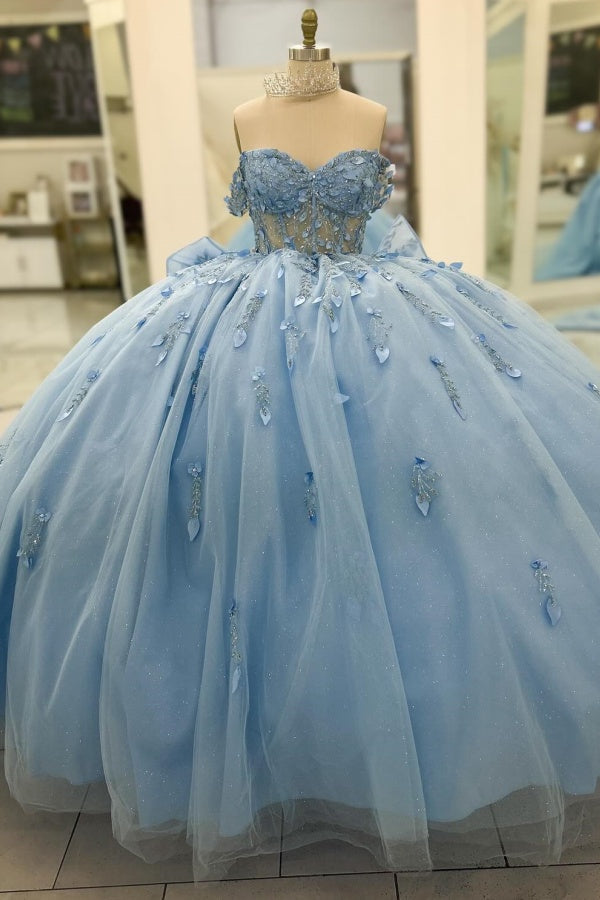Ball Gown Off Shoulder Sleeveless Beaded 3D Flowers Appliques Bow Knote Tiered Sparkly Baby Blue Tulle Quinceanera Dress Formal Evening Gown Birthday Dress For Sweet 16