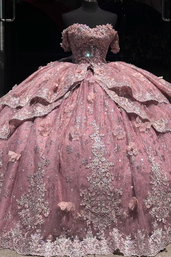 Ball Gown Off Shoulder Sleeveless Beaded Appliques 3D Flowers Ruffles Tiered Sparkly Pink Tulle Quinceanera Dress Birthday Party Dress For Sweet 16