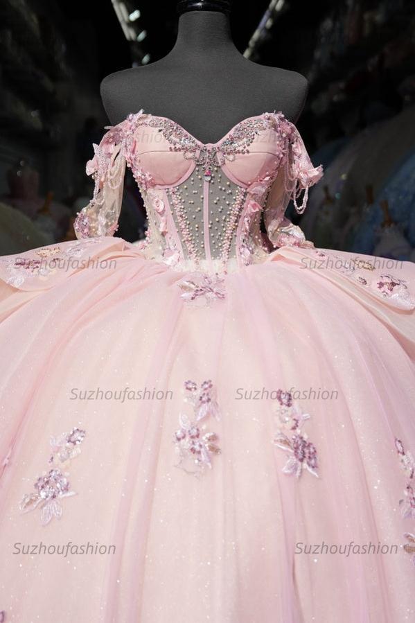 Ball Gown Off Shoulder Sleeveless Beaded Crystal Appliques Pleated Baby Pink Tulle Quinceanera Dress Birthday Party Dress For Sweet 16