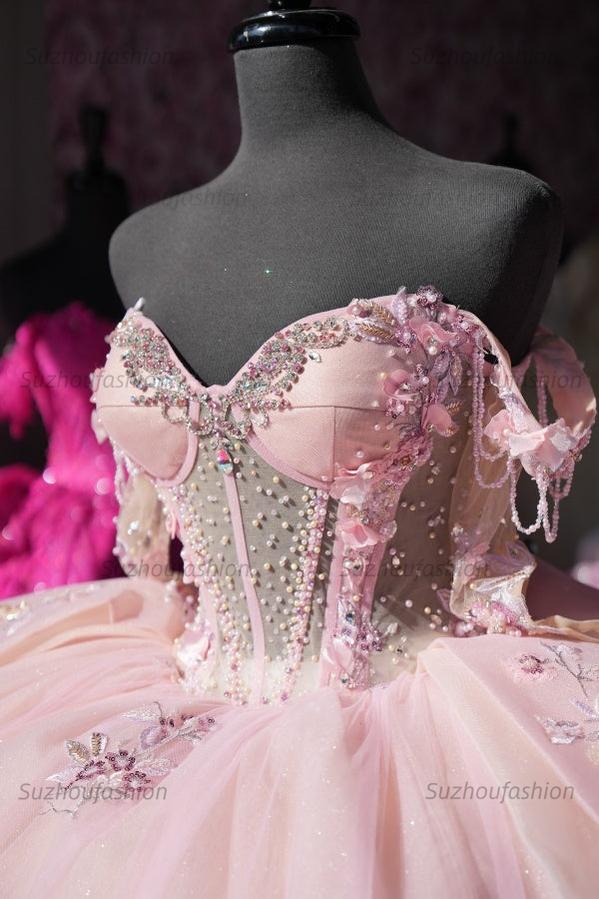 Ball Gown Off Shoulder Sleeveless Beaded Crystal Appliques Pleated Baby Pink Tulle Quinceanera Dress Birthday Party Dress For Sweet 16
