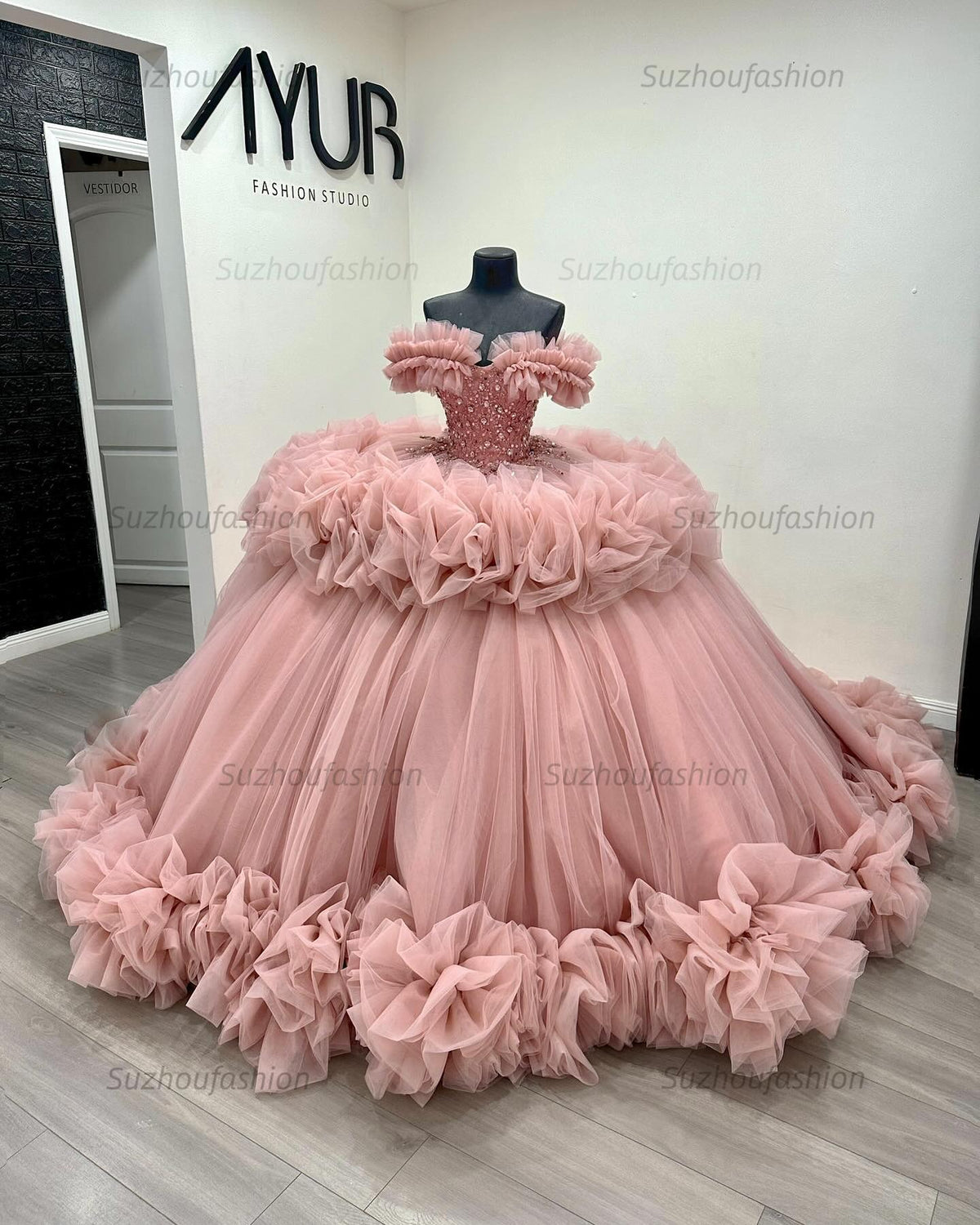Ball Gown Off Shoulder Sleeveless Beaded Crystal Sequins Ruched Tiered Pink Tulle Quinceanera Dress Birthday Party Dress Evening Formal Gown