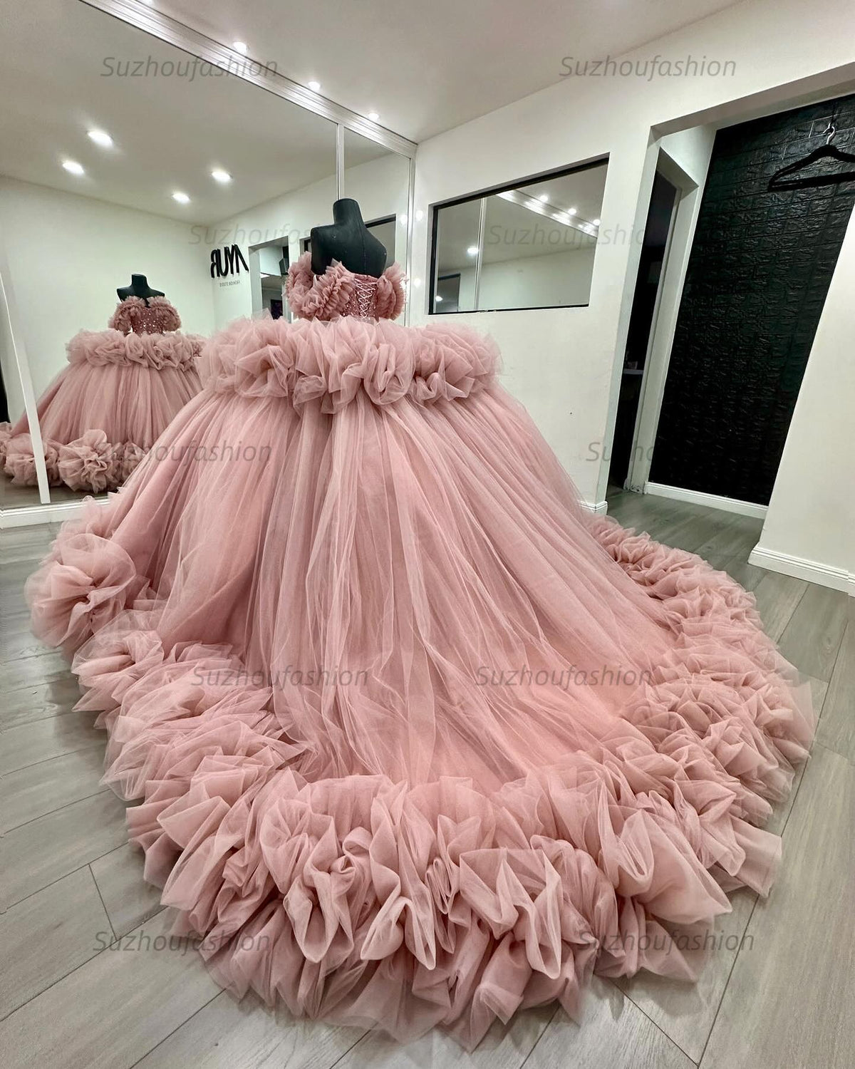 Ball Gown Off Shoulder Sleeveless Beaded Crystal Sequins Ruched Tiered Pink Tulle Quinceanera Dress Birthday Party Dress Evening Formal Gown