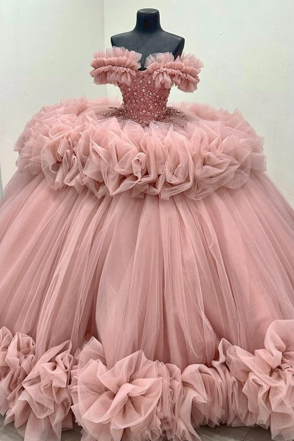 Ball Gown Off Shoulder Sleeveless Beaded Crystal Sequins Ruched Tiered Pink Tulle Quinceanera Dress Birthday Party Dress Evening Formal Gown