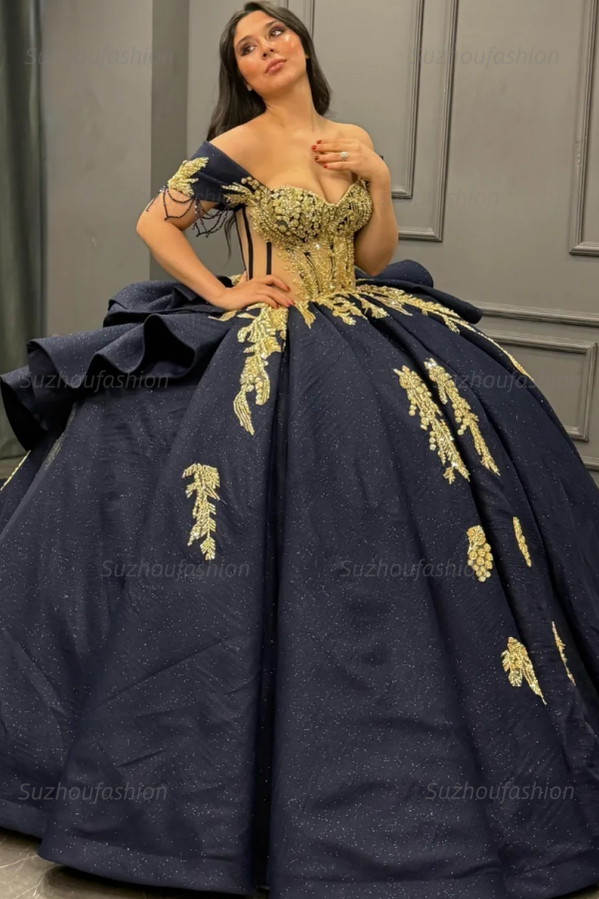 Ball Gown Off Shoulder Sleeveless Beaded Gold Appliques Pleated Bow Knot Glitter Dark Navy Satin Quinceanera Dress Birthday Party Dress For Sweet 16