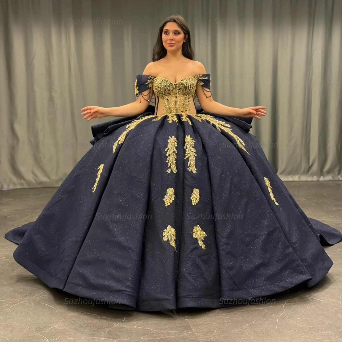 Ball Gown Off Shoulder Sleeveless Beaded Gold Appliques Pleated Bow Knot Glitter Dark Navy Satin Quinceanera Dress Birthday Party Dress For Sweet 16