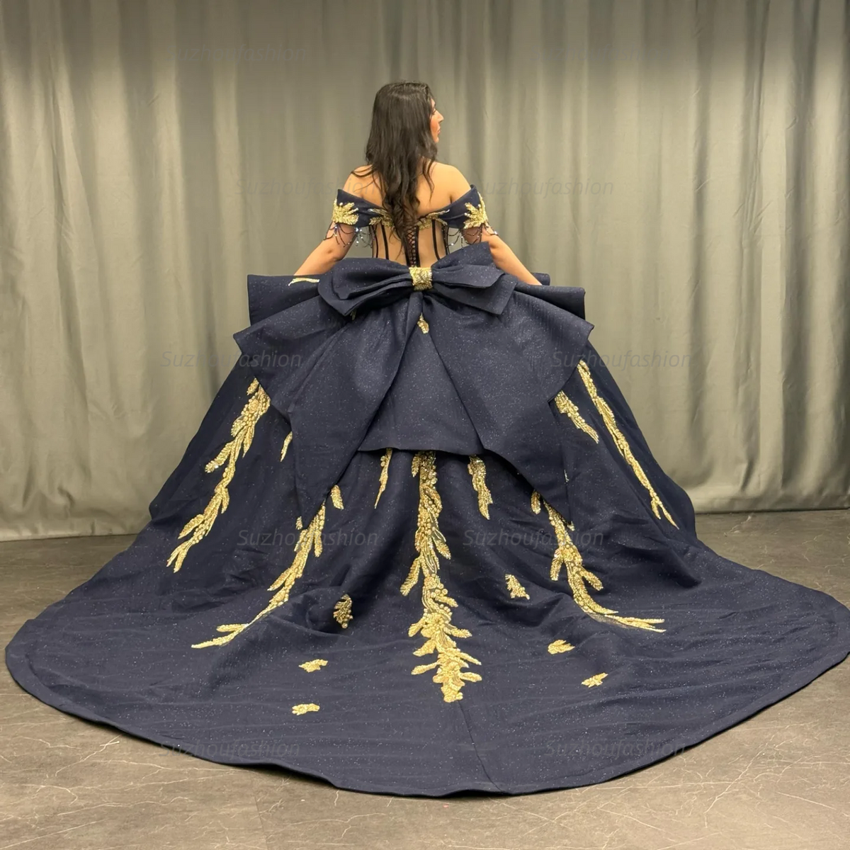Ball Gown Off Shoulder Sleeveless Beaded Gold Appliques Pleated Bow Knot Glitter Dark Navy Satin Quinceanera Dress Birthday Party Dress For Sweet 16