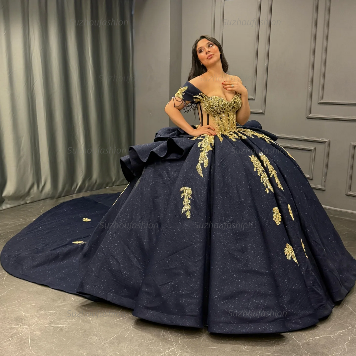 Ball Gown Off Shoulder Sleeveless Beaded Gold Appliques Pleated Bow Knot Glitter Dark Navy Satin Quinceanera Dress Birthday Party Dress For Sweet 16