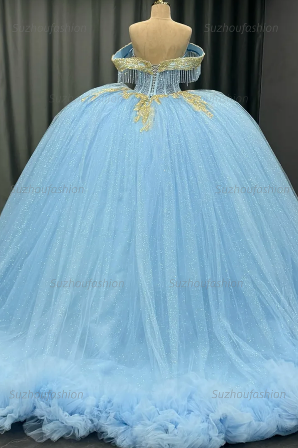 Ball Gown Off Shoulder Sleeveless Beaded Gold Appliques Pleated Glitter Sky Blue Tulle Quinceanera Dress Birthday Party Dress For Sweet 16