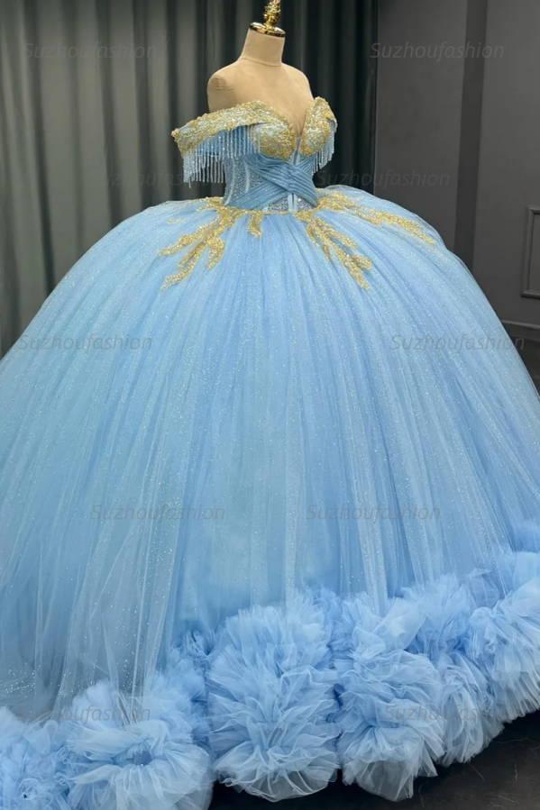 Ball Gown Off Shoulder Sleeveless Beaded Gold Appliques Pleated Glitter Sky Blue Tulle Quinceanera Dress Birthday Party Dress For Sweet 16