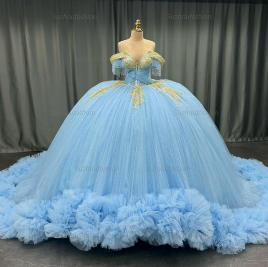 Ball Gown Off Shoulder Sleeveless Beaded Gold Appliques Pleated Glitter Sky Blue Tulle Quinceanera Dress Birthday Party Dress For Sweet 16