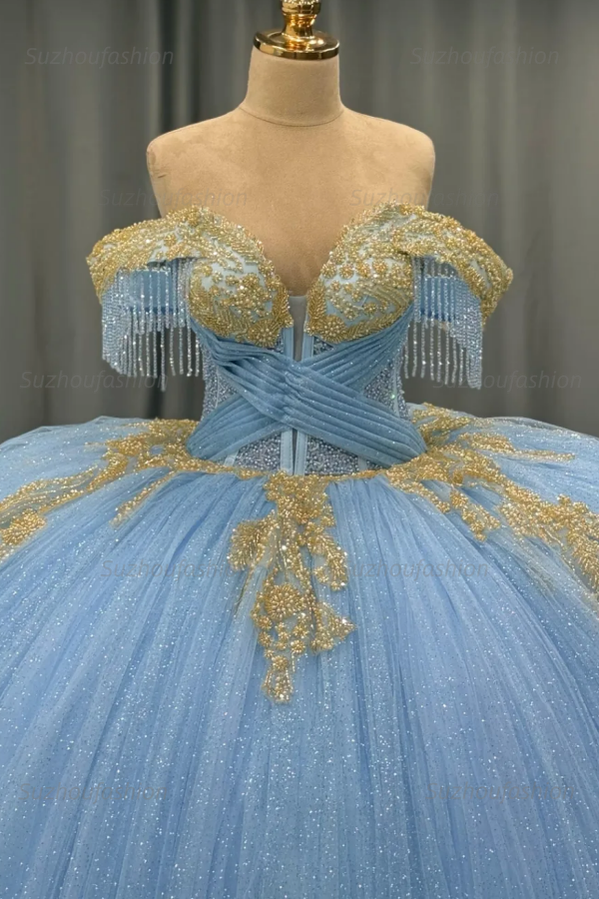 Ball Gown Off Shoulder Sleeveless Beaded Gold Appliques Pleated Glitter Sky Blue Tulle Quinceanera Dress Birthday Party Dress For Sweet 16