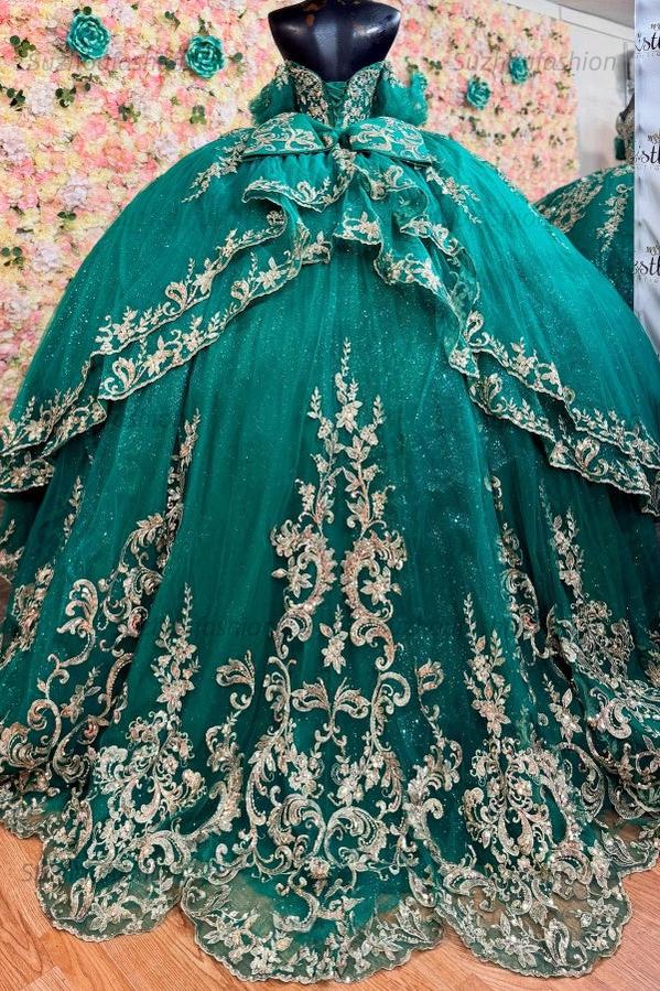 Ball Gown Off Shoulder Sleeveless Beaded Gold Applliques Sparkly Dark Green Tulle Quinceanera Dress Birthday Party Dress Formal Evening Dress For Sweet 16