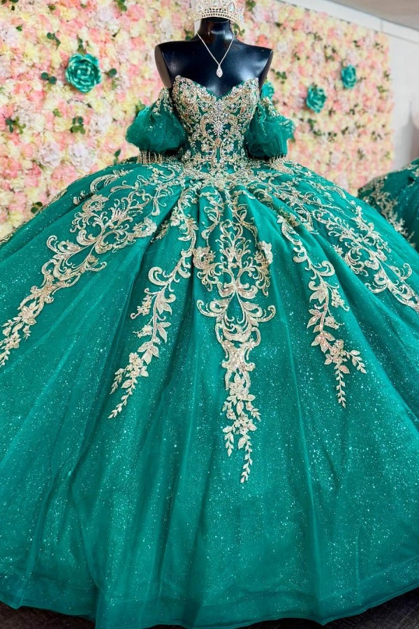Ball Gown Off Shoulder Sleeveless Beaded Gold Applliques Sparkly Dark Green Tulle Quinceanera Dress Birthday Party Dress Formal Evening Dress For Sweet 16