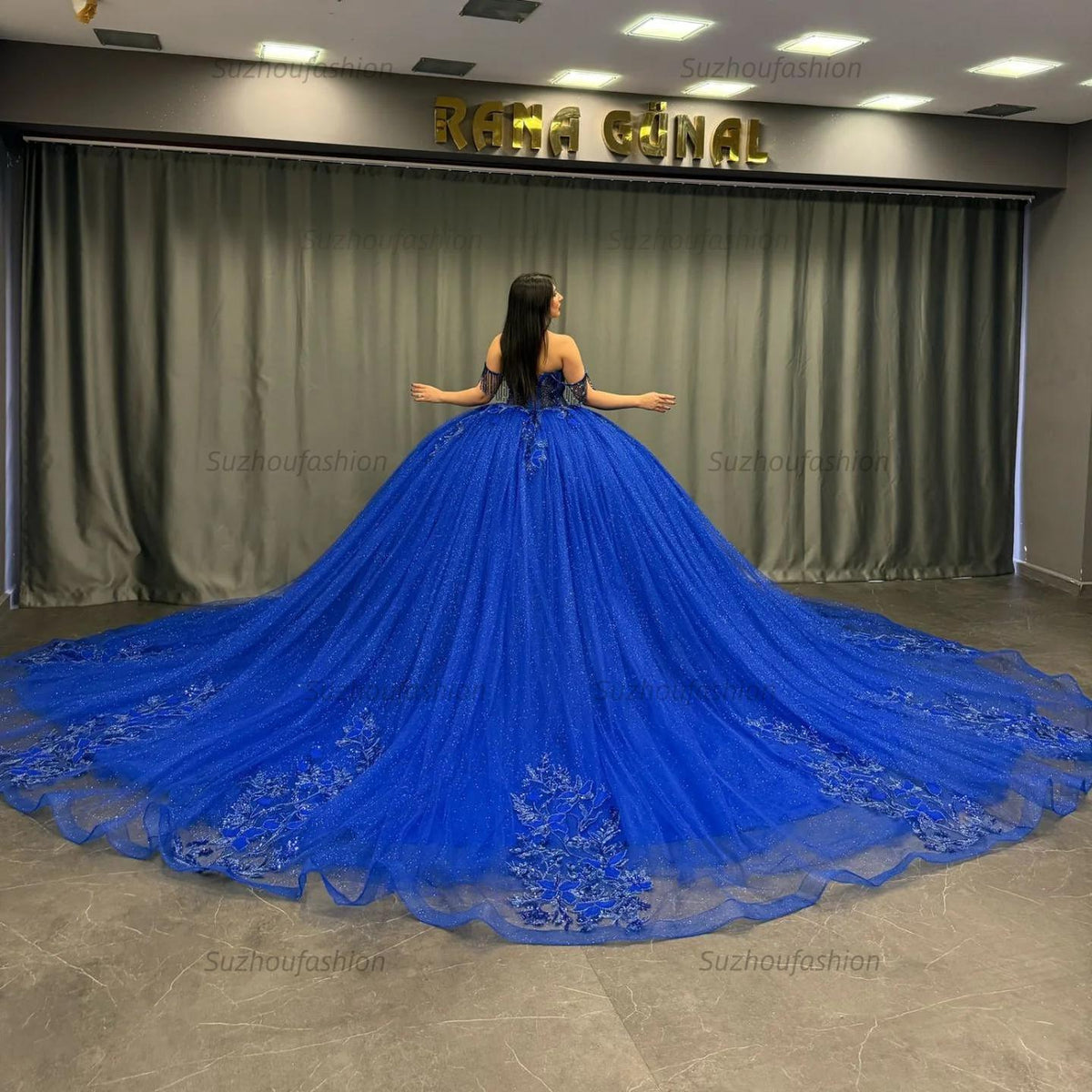 Ball Gown Off Shoulder Sleeveless Beaded Pleated Appliques Lace Up Royal Blue Tulle Quinceanera Dress Formal Evening Gown Birthday Party Dress For Sweet 16