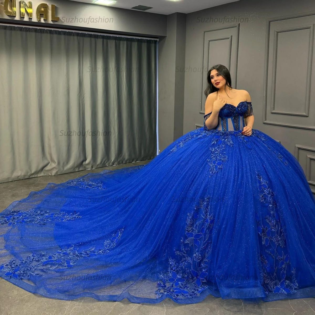 Ball Gown Off Shoulder Sleeveless Beaded Pleated Appliques Lace Up Royal Blue Tulle Quinceanera Dress Formal Evening Gown Birthday Party Dress For Sweet 16