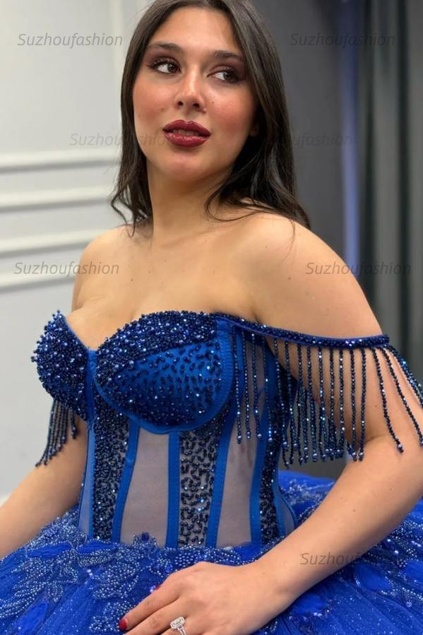 Ball Gown Off Shoulder Sleeveless Beaded Pleated Appliques Lace Up Royal Blue Tulle Quinceanera Dress Formal Evening Gown Birthday Party Dress For Sweet 16
