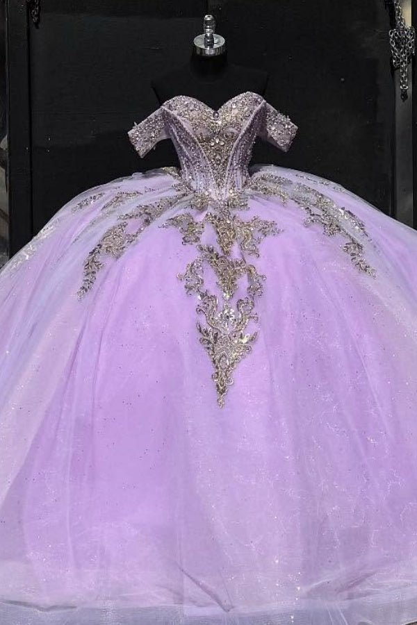 Ball Gown Off Shoulder Sleeveless Beaded Pleated Gold Sequins Sparkly Lilac Tulle Quinceanera Dress Birthday Party Dress Evening Formal Gown For Sweet 16