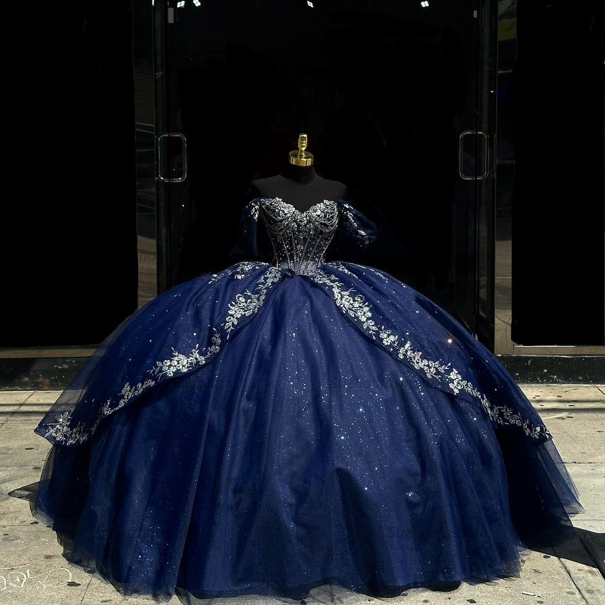 Ball Gown Off Shoulder Sleeveless Beaded Pleated Sliver Appliques Sparkly Dark Navy Tulle Quinceanera Dress Birthday Party Dress For Sweet 16