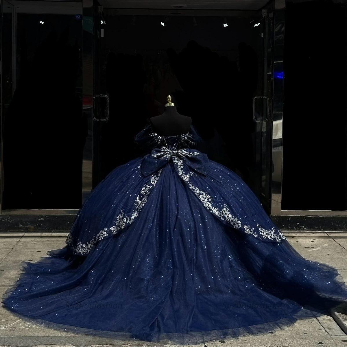 Ball Gown Off Shoulder Sleeveless Beaded Pleated Sliver Appliques Sparkly Dark Navy Tulle Quinceanera Dress Birthday Party Dress For Sweet 16