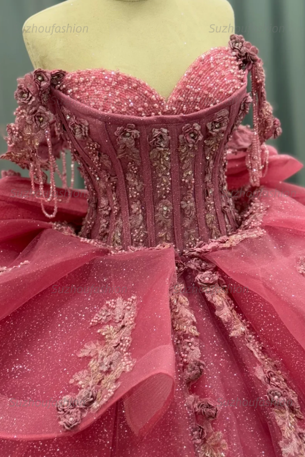 Ball Gown Off Shoulder Sleeveless Beaded Sequins 3D Flower Appliques Bow Knot Glitter Pink Tulle Quinceanera Dress Formal Evening Party Gown For Sweet 16