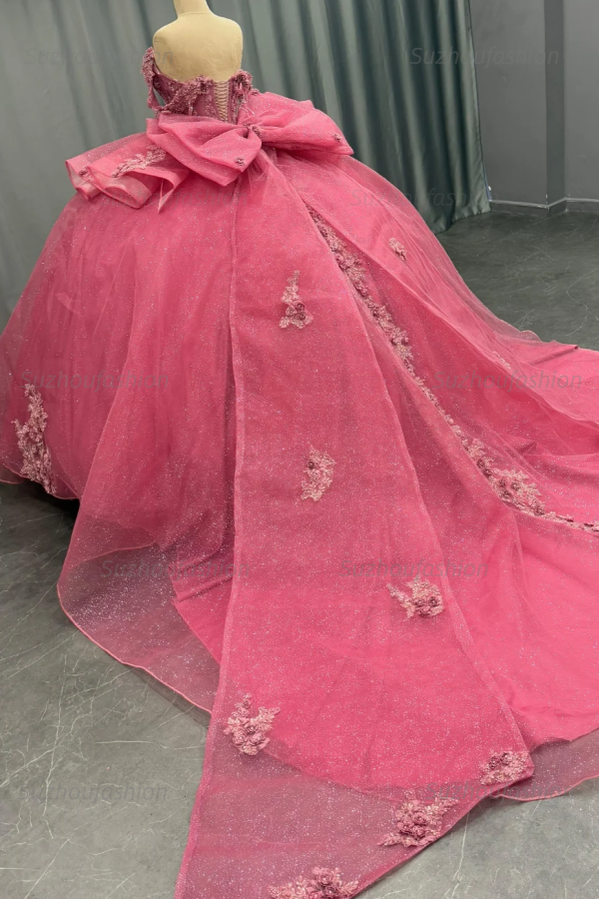 Ball Gown Off Shoulder Sleeveless Beaded Sequins 3D Flower Appliques Bow Knot Glitter Pink Tulle Quinceanera Dress Formal Evening Party Gown For Sweet 16