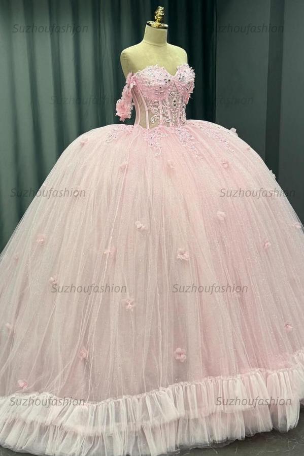 Ball Gown Off Shoulder Sleeveless Crystal Beaded 3D Flowers Glitter Tulle Quinceanera Dress Birthday Party Dress Evening Formal Gown For Sweet 16