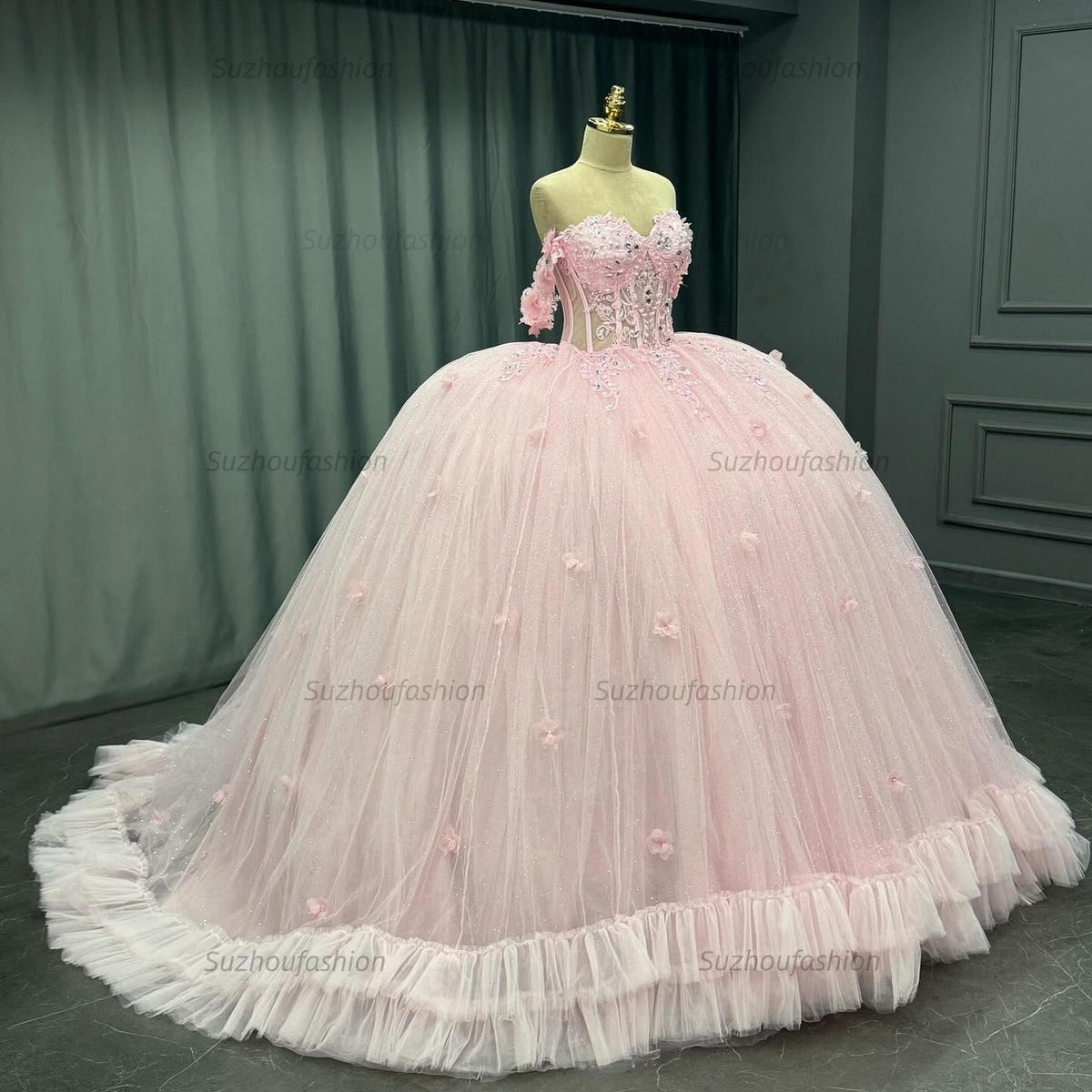 Ball Gown Off Shoulder Sleeveless Crystal Beaded 3D Flowers Glitter Tulle Quinceanera Dress Birthday Party Dress Evening Formal Gown For Sweet 16