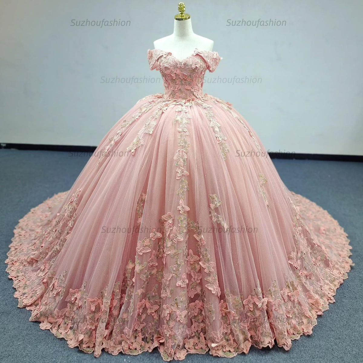 Ball Gown Off Shoulder Sleeveless Fully 3D Butterflies Appliques Lace Up Pink Tulle Quinceanera Dress Birthday Party Dress Evening Gown For Sweet 16