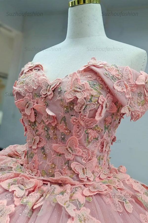 Ball Gown Off Shoulder Sleeveless Fully 3D Butterflies Appliques Lace Up Pink Tulle Quinceanera Dress Birthday Party Dress Evening Gown For Sweet 16