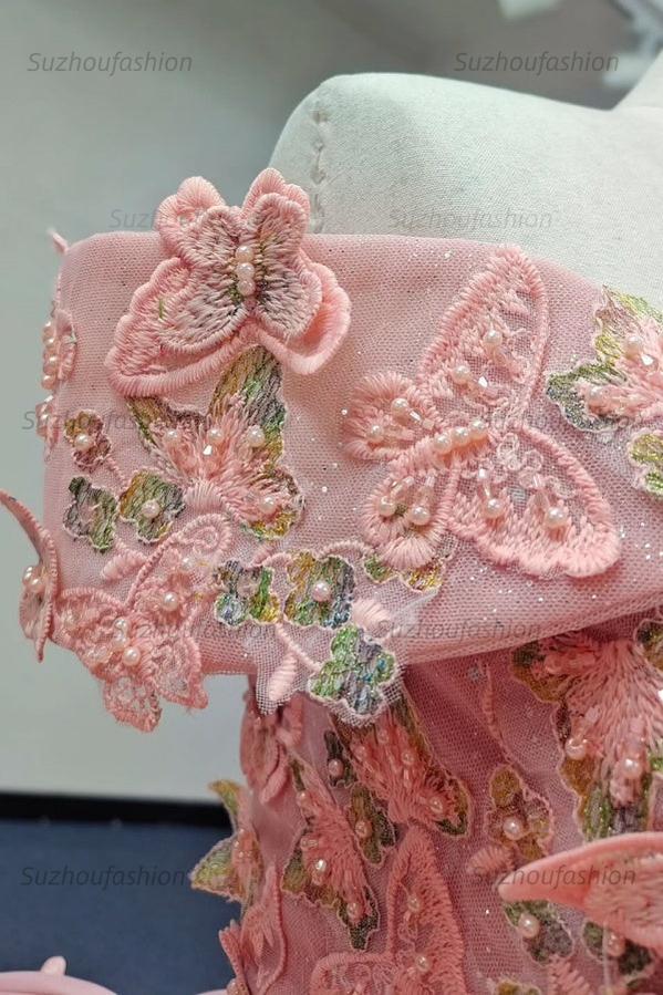 Ball Gown Off Shoulder Sleeveless Fully 3D Butterflies Appliques Lace Up Pink Tulle Quinceanera Dress Birthday Party Dress Evening Gown For Sweet 16
