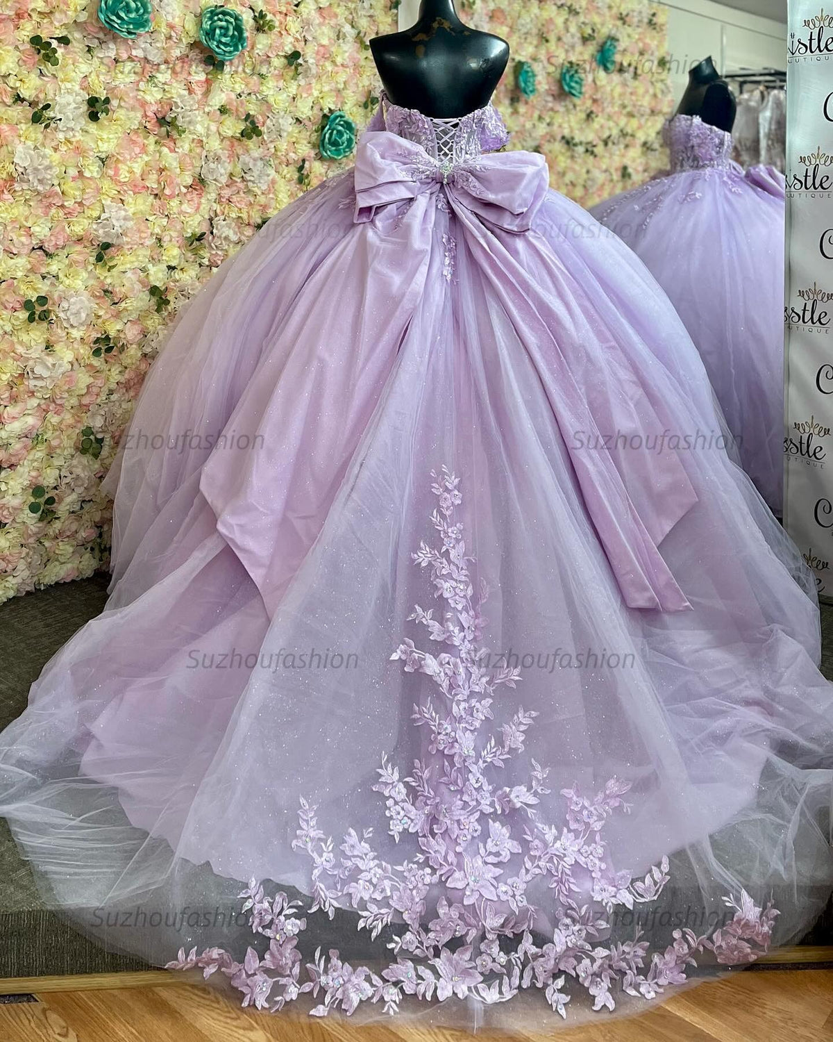 Ball Gown Off Shoulder Sleeveless Fully Appliques Pleated Big Bow Knot Lace Up Glitter Lilac Quinceanera Dress Birthday Party Dress For Sweet 16