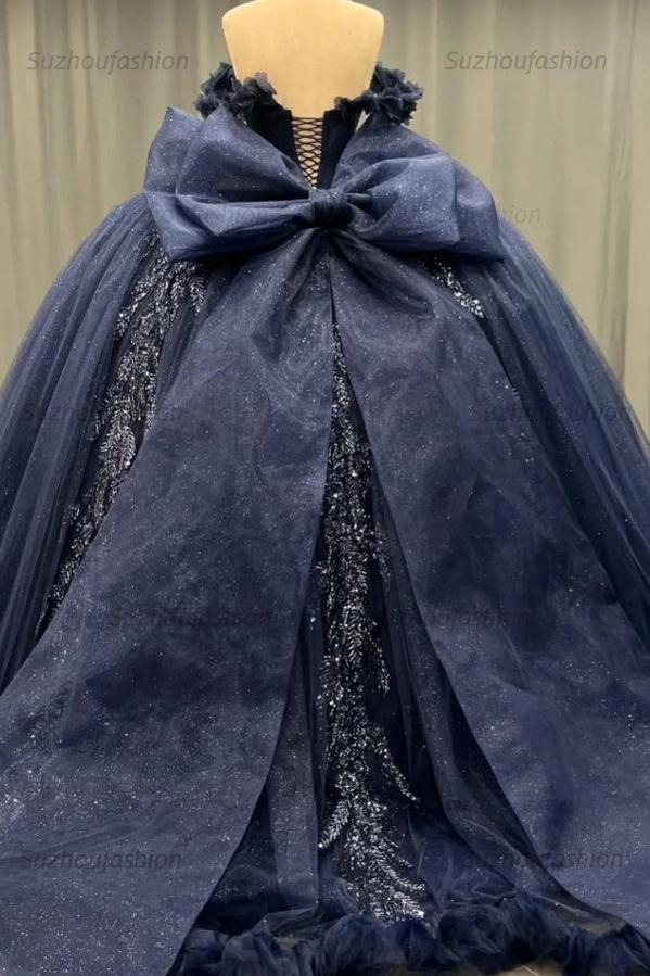 Ball Gown Off Shoulder Sleeveless Fully Beaded Appliques Bow Knot Lace Up Sparkly Dark Navy Tulle Quinceanera Dress Birthday Party Dress For Sweet 16