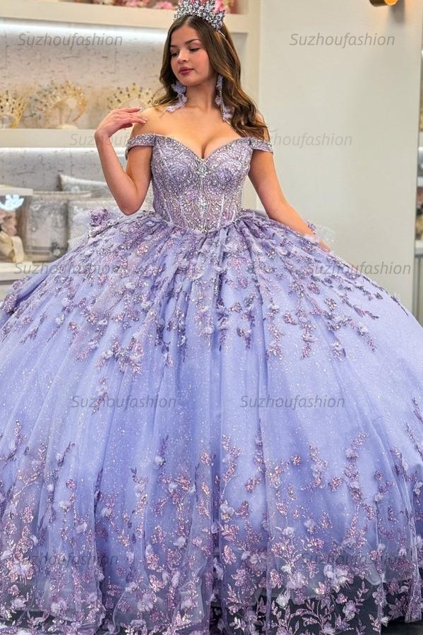 Ball Gown Off Shoulder Sleeveless Fully Beaded Appliques Pleated 3D Flower Tiered Sparkly Lilac Tulle Quinceanera Dress Birthday Party Dress For Sweet 16