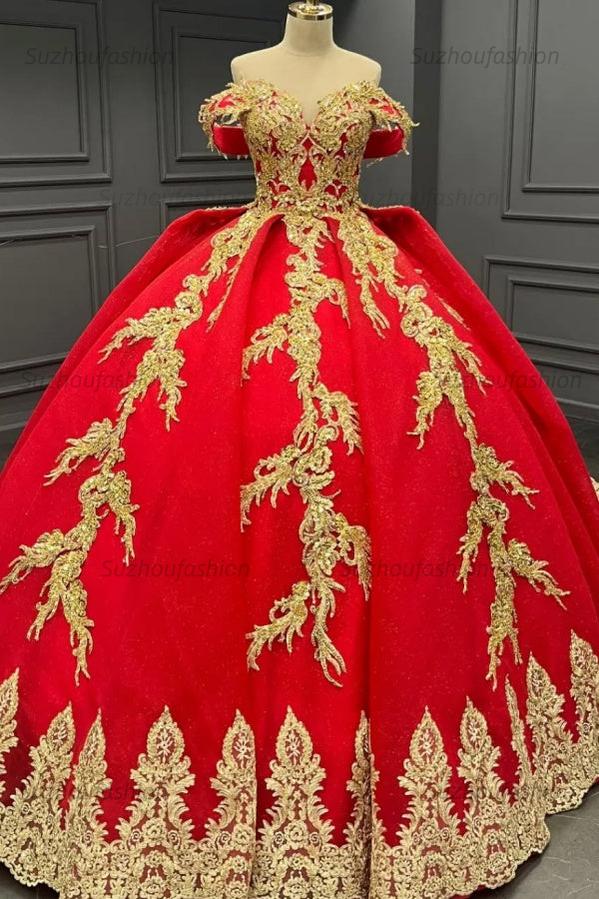 Ball Gown Off Shoulder Sleeveless Fully Gold Beaded Sequins Appliques Lace Up Sparkly Red Tulle Quinceanera Dress Evening Party Gown For Sweet 16