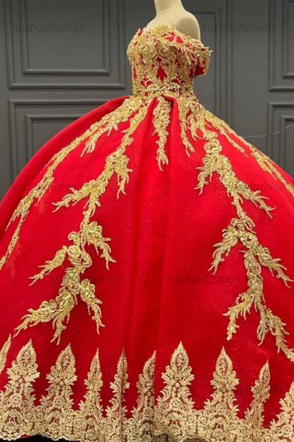 Ball Gown Off Shoulder Sleeveless Fully Gold Beaded Sequins Appliques Lace Up Sparkly Red Tulle Quinceanera Dress Evening Party Gown For Sweet 16