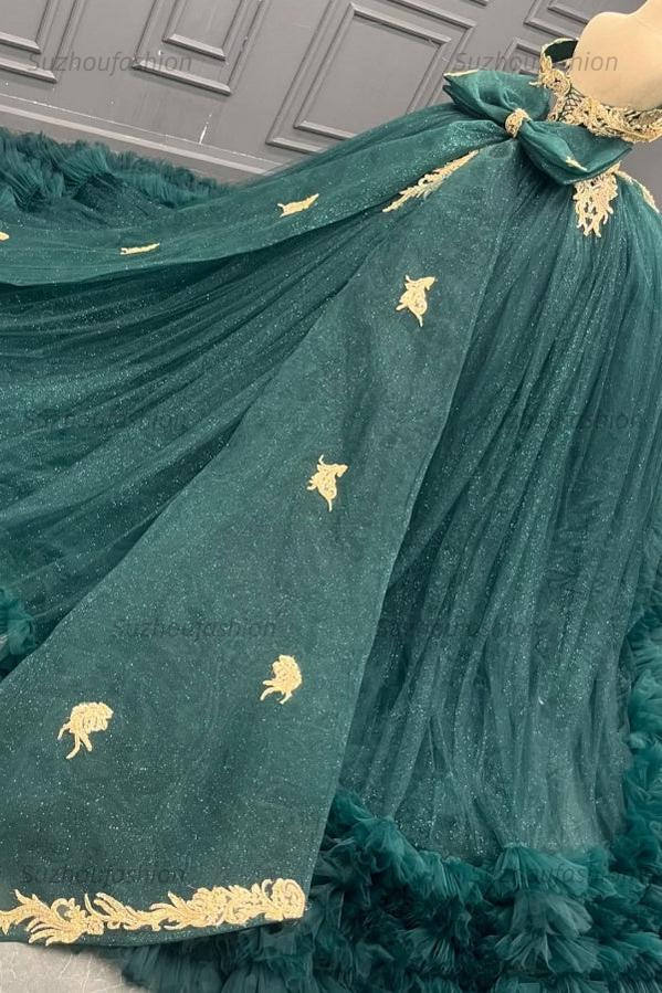 Ball Gown Off Shoulder Sleeveless Gold Appliques Ruffles Tiered Bow Knot Lace Up Sparkly Dark Green Tulle Quinceanera Dress Formal Evening Party Dress For Sweet 16