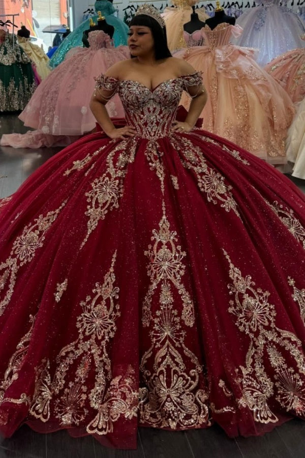 Ball Gown Off Shoulder Sleeveless Gold Sequins Appliques Big Bow Knot Sparkly Burgundy Tulle Quinceanera Dress Birthday Party Dress Evening Formal Gown For Sweet 16